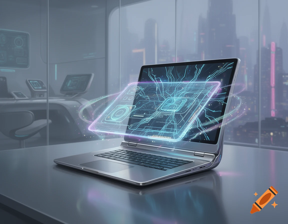 A futuristic silver laptop on a desk, projecting a glowing blue and purple circuit design above its screen, with a modern city visible outside a window.