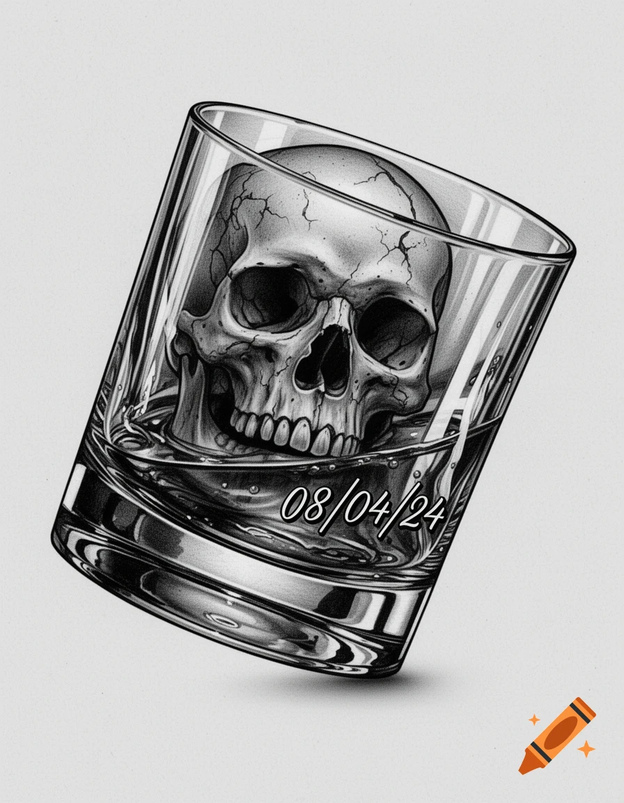 Black and grey tattoo-style drawing of a skull in a whiskey glass with '08/04/24' on it.