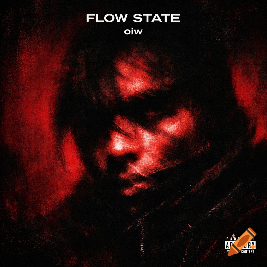 Dark, edgy, high-contrast album cover featuring an obscured face glowing red against a black background. Text reads "FLOW STATE" and "oiw" with a Parental Advisory label.