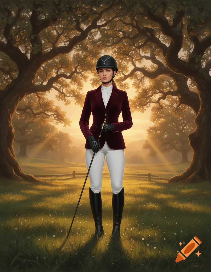 A woman in a maroon riding jacket, white breeches, and black helmet stands in a sunlit grassy field with large trees, holding a crop.