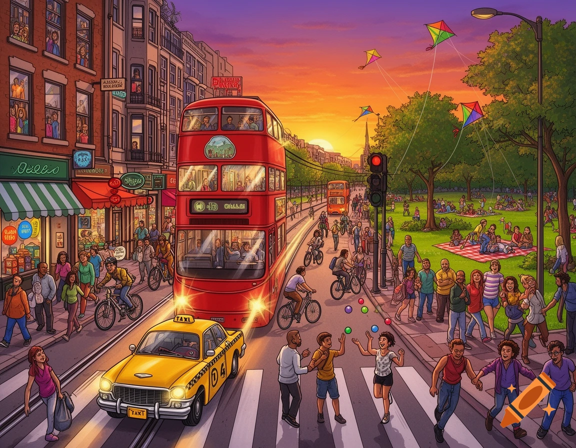 A vibrant cartoon illustration of a busy city street at sunset, with a red double-decker bus, yellow taxi, cyclists, and pedestrians, next to a park with people flying kites and picnicking.