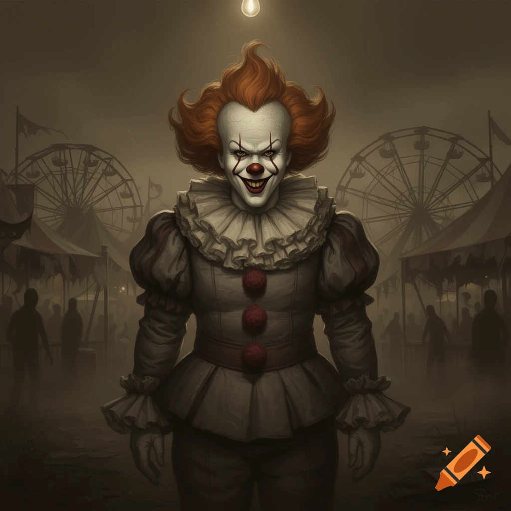 A menacing Pennywise the clown stands in a dark, foggy abandoned carnival with two Ferris wheels in the background.