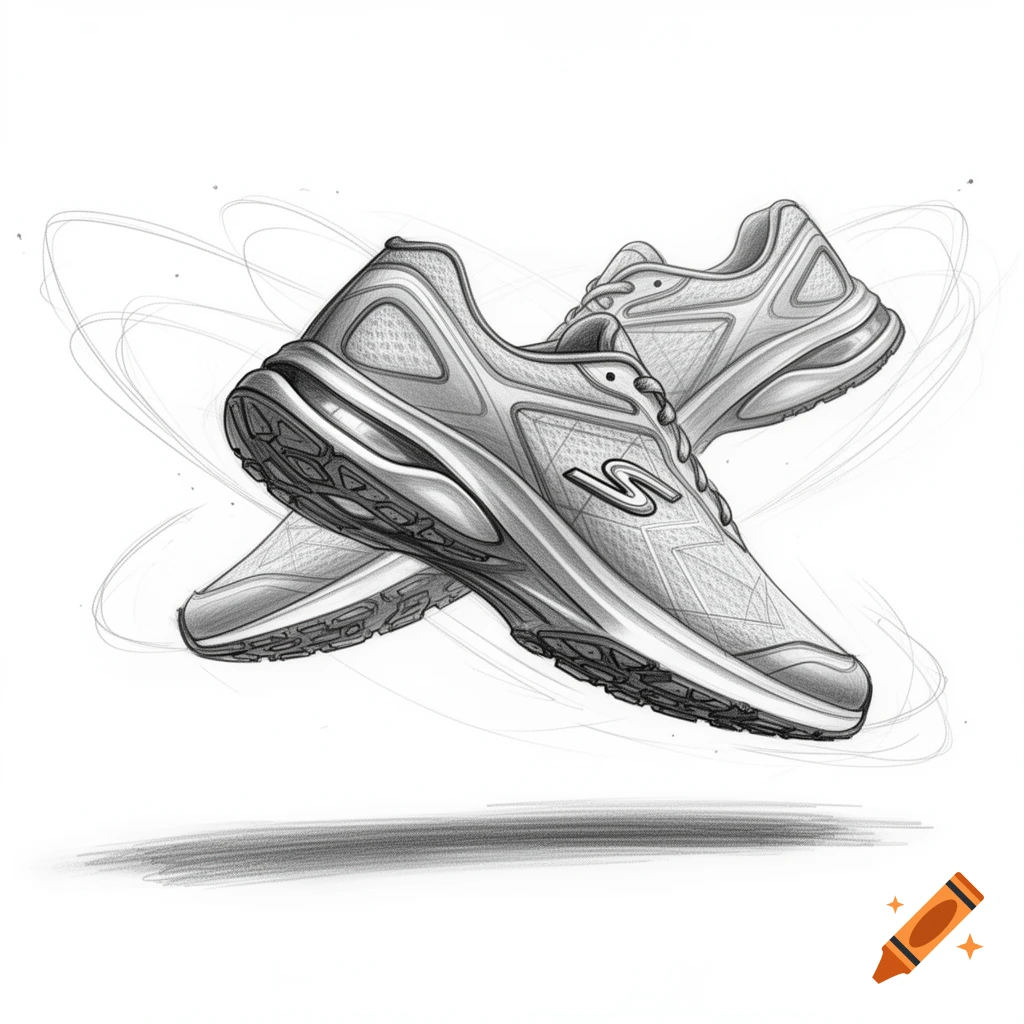 A grayscale sketch of two running shoes, one slightly in front of the other, with dynamic swirling lines behind them and a faint shadow below.