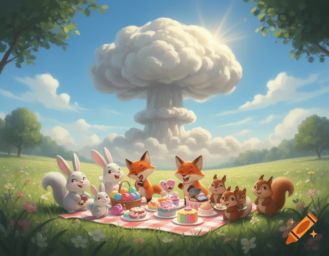 Cartoon bunnies, foxes, and squirrels picnic in a sunny field with a mushroom cloud in the background, illustrated.