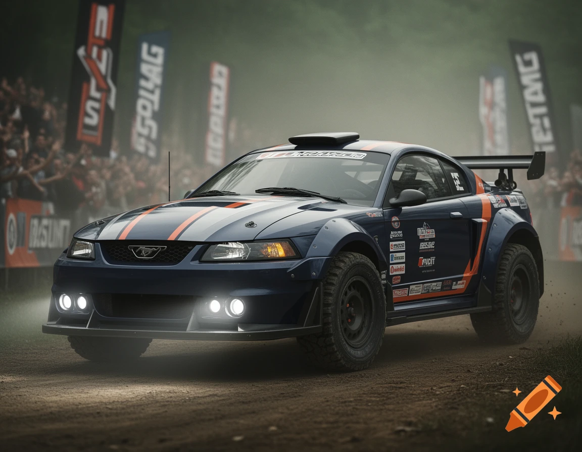 A blue Ford Mustang rally car with orange stripes and aggressive off-road tires drives on a dirt track, with blurred crowds and banners in the foggy background.