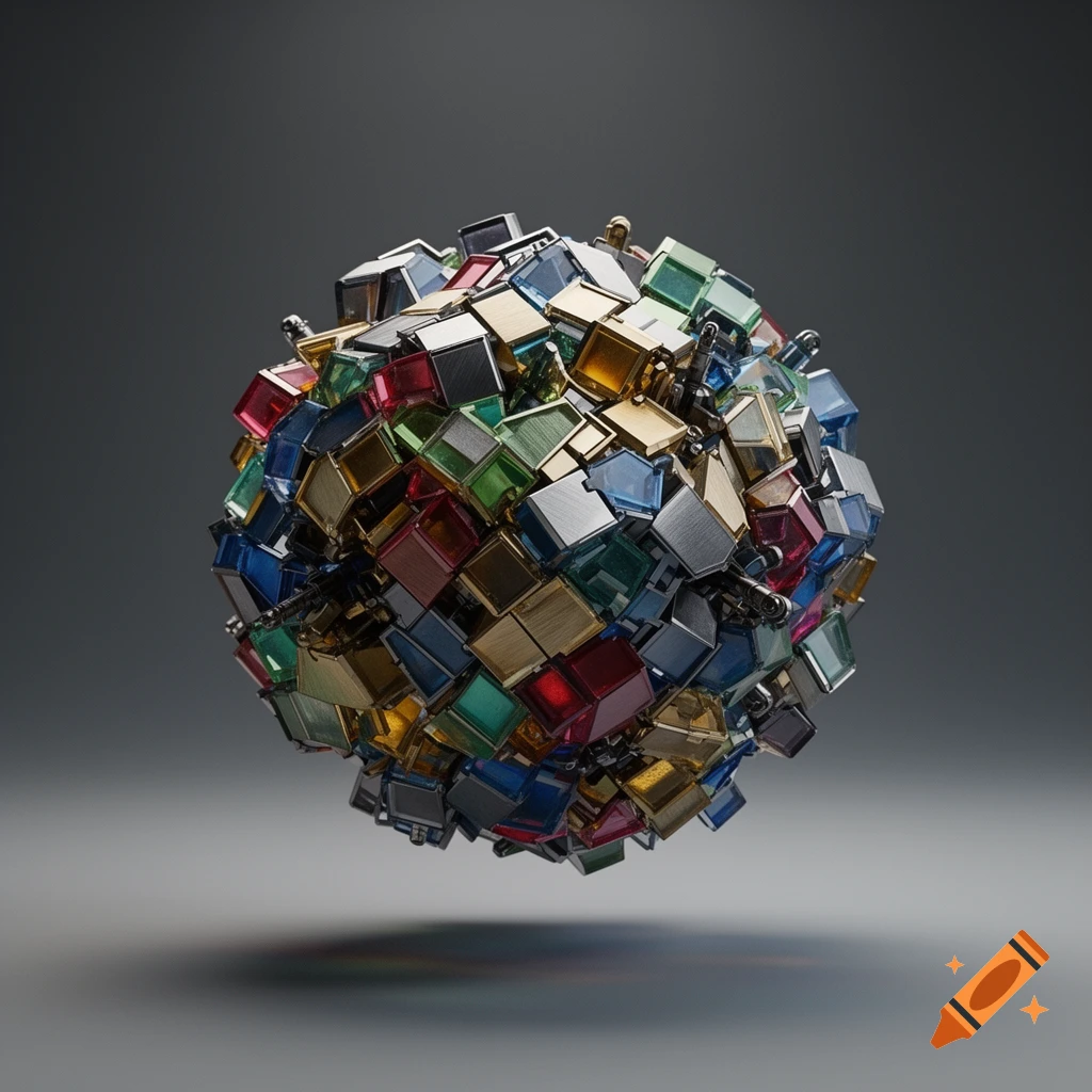 A sphere made of numerous colorful, reflective, and metallic rectangular blocks floats against a dark gray background.