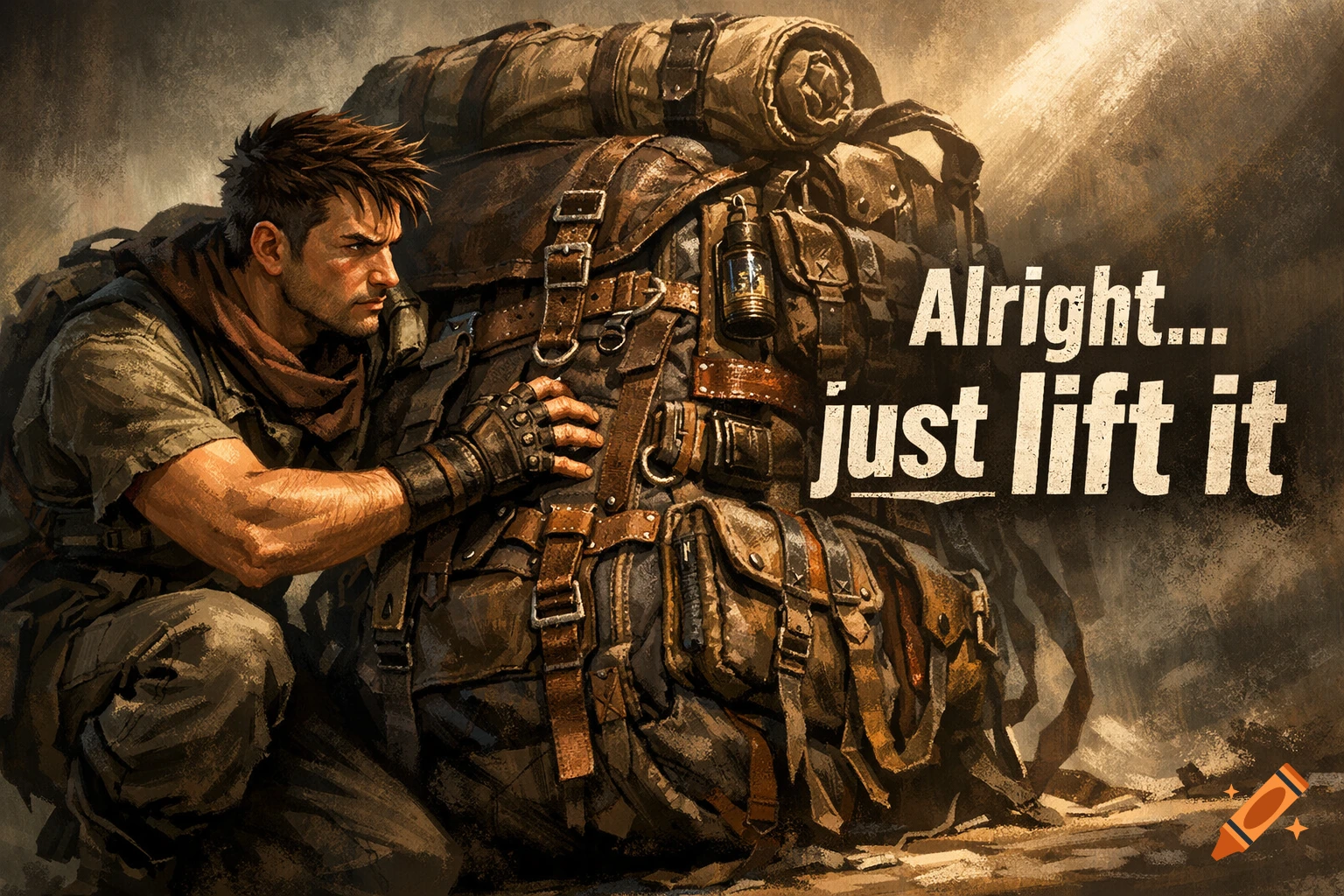 A determined man in tactical gear crouches beside a massive, overloaded backpack, preparing to lift it. Digital painting.