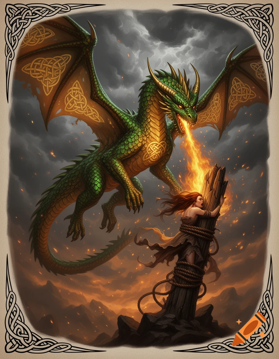 A green Celtic dragon breathes fire onto a woman tied to a wooden stake, against a fiery, stormy sky.