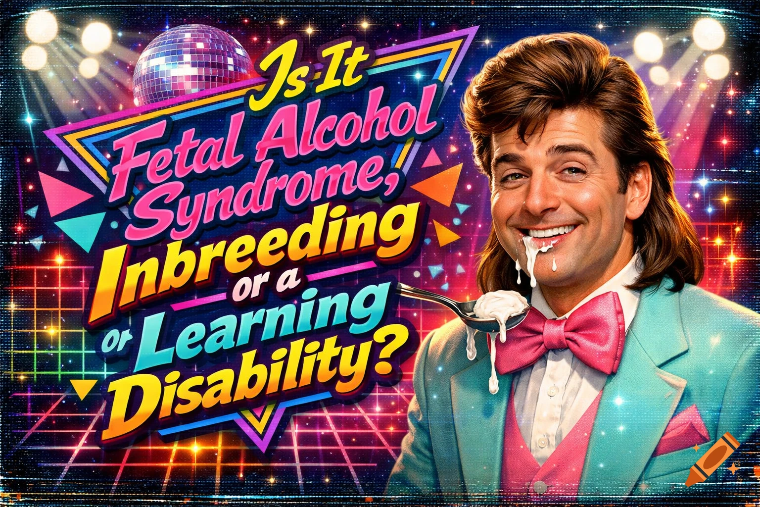 80s game show title card with a man in a teal suit and pink bow tie, eating paste, beside text: 'Is It Fetal Alcohol Syndrome, Inbreeding or a Learning Disability?'