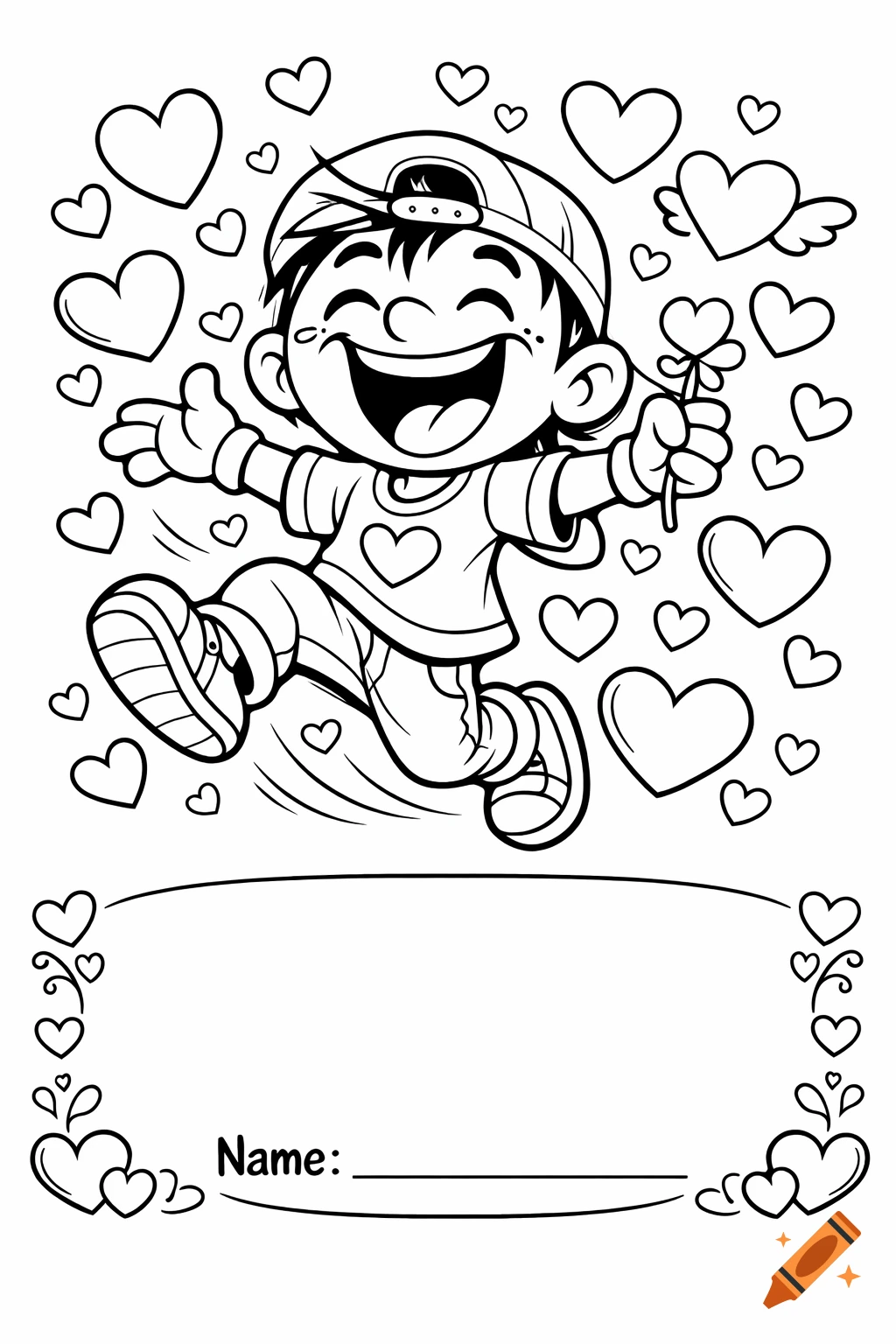 Black and white coloring page of a happy cartoon boy in a cap, jumping amidst floating hearts, with a 'Name:' line at the bottom.