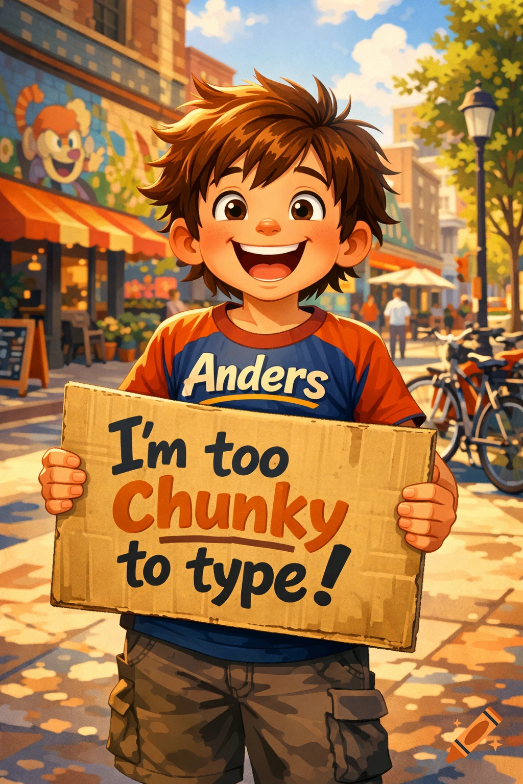 Cartoon boy smiling, holding a sign saying 'I'm too Chunky to type!' on a sunny street, shirt reads 'Anders'.