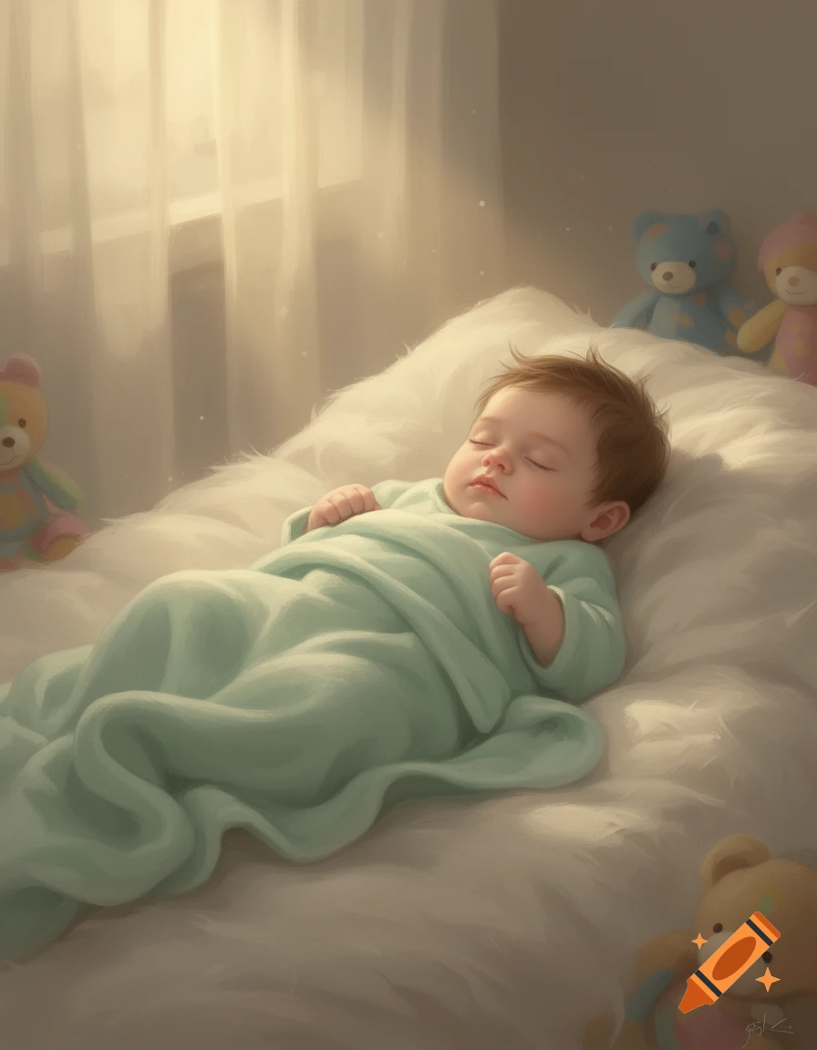 A baby with light brown hair sleeps peacefully on a fluffy white bed, covered by a light green blanket, surrounded by colorful teddy bears, in a soft digital painting style.