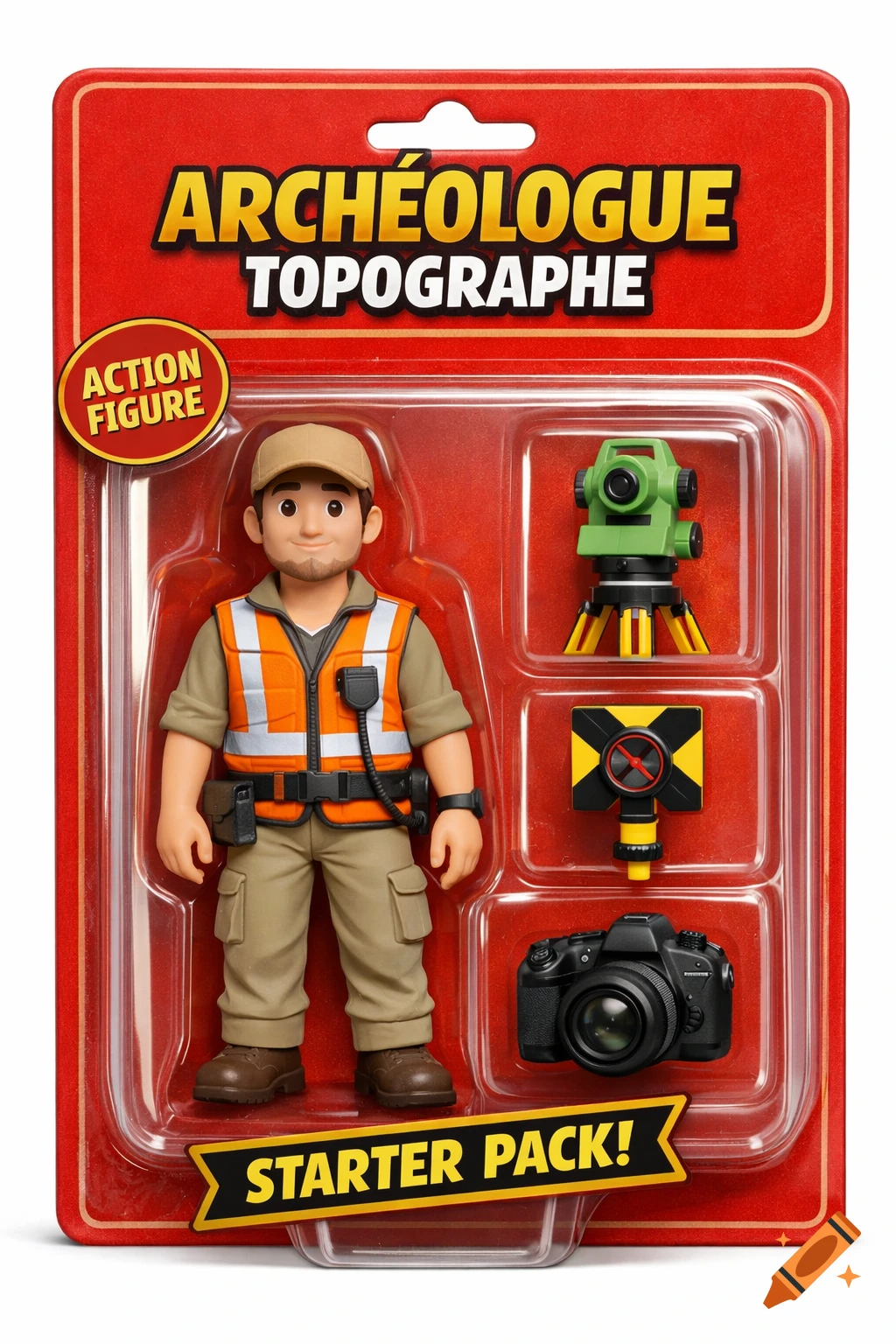 A cartoon action figure of an archaeologist and surveyor in blister packaging with tools, labeled 'ARCHÉOLOGUE TOPOGRAPHE STARTER PACK!'.
