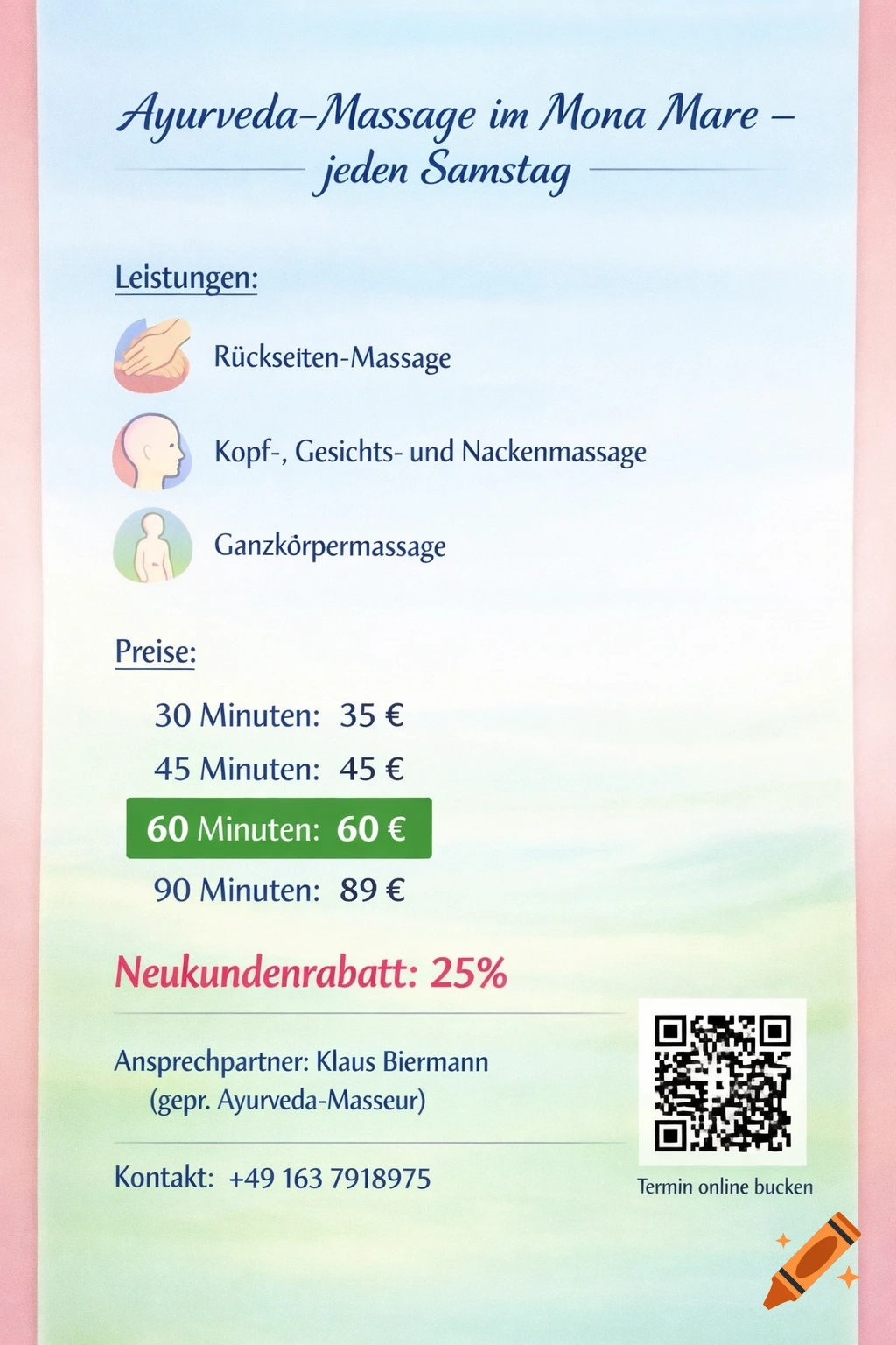 A flyer for Ayurveda massage services at Mona Mare, listing types of massages, prices, a new customer discount, contact information, and a QR code for online booking.