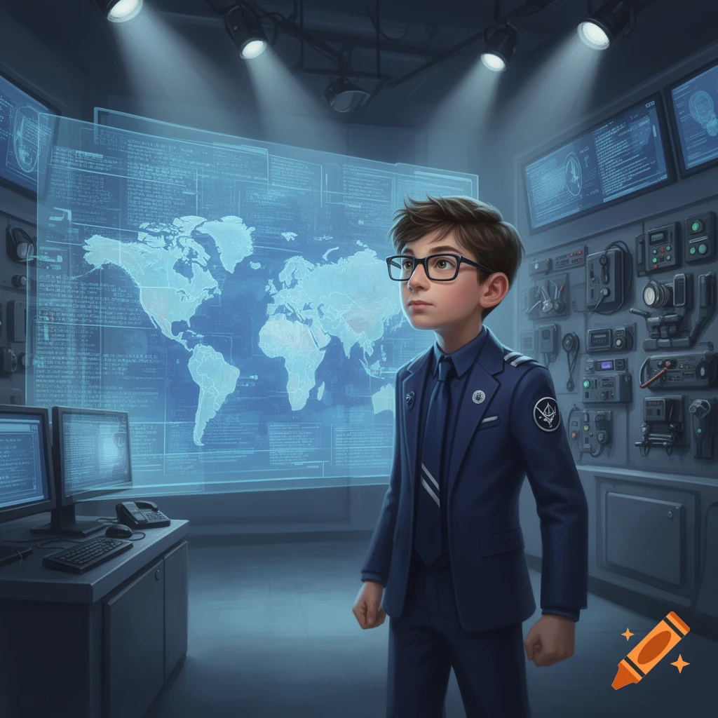 A young boy in a dark blue suit and glasses stands in a high-tech control room with a large holographic world map and data screens.