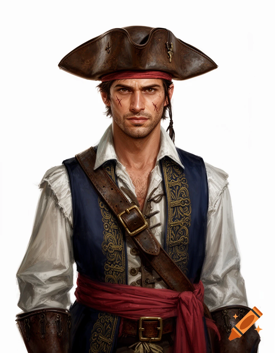 A photorealistic portrait of a serious-looking man in ornate pirate attire with scars on his face, against a white background.