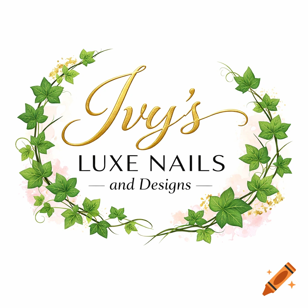 Logo for Ivy's Luxe Nails and Designs featuring golden script text and an ivy wreath with subtle pink and gold accents.