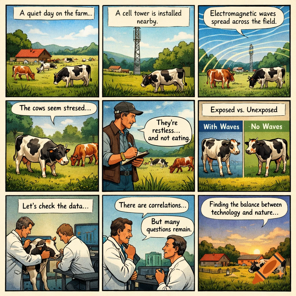 A nine-panel comic strip showing a cell tower being installed on a farm and its potential impact on cows, leading to scientific investigation and reflection.