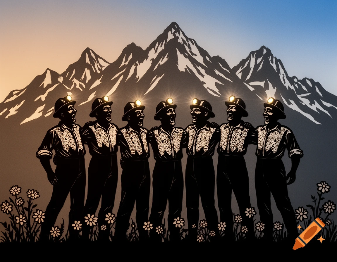 Seven cheerful silhouette miners with headlamps singing, standing arm-in-arm against a backdrop of mountains and flowers at sunset.