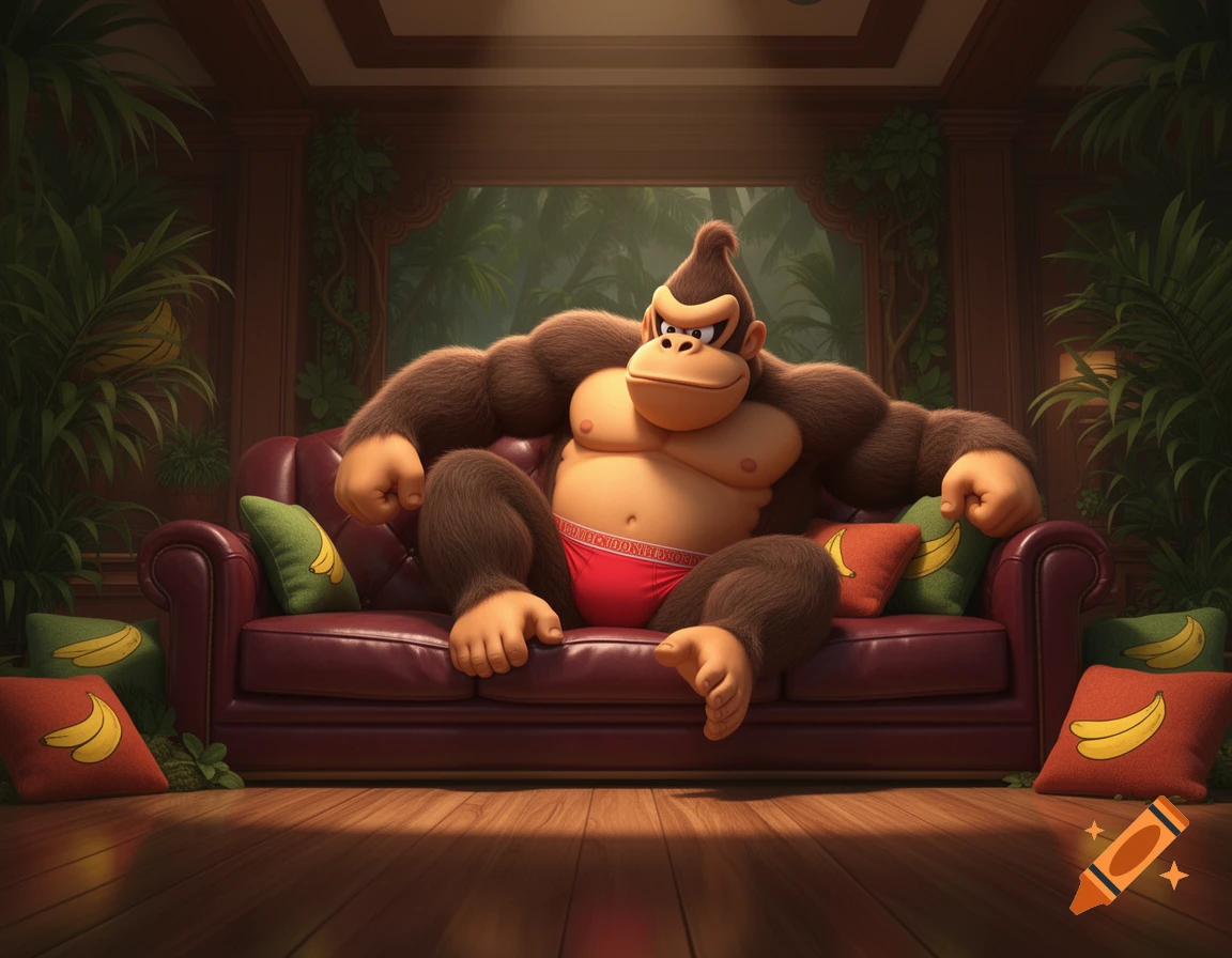Muscular 3D rendered Donkey Kong relaxes on a red leather sofa wearing ...