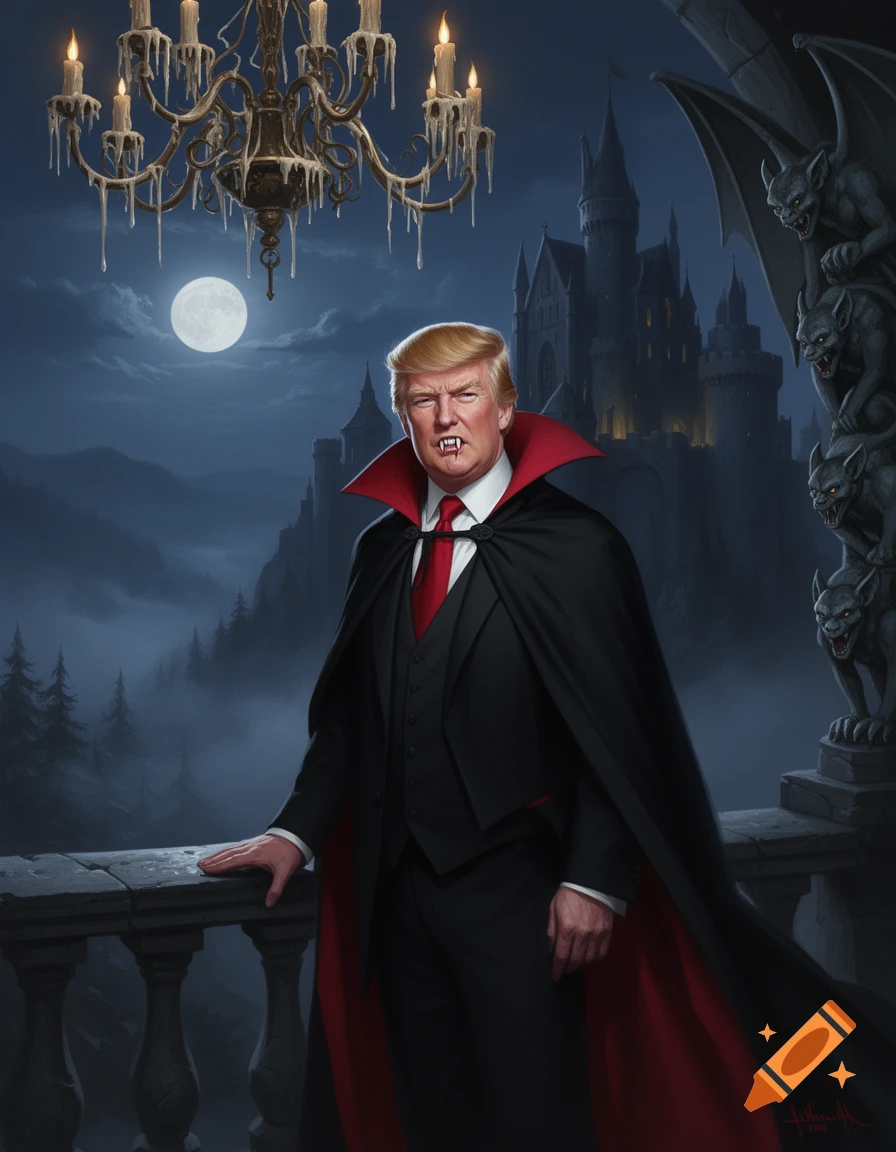 Donald Trump dressed as Dracula, standing on a castle balcony under a full moon with gargoyles, in a dark fantasy illustration.