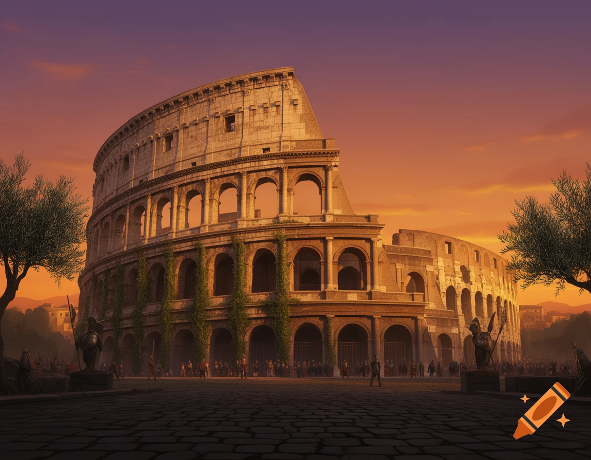 The ancient Roman Colosseum at sunset, with an orange and purple sky, surrounded by olive trees and small figures on cobblestones.