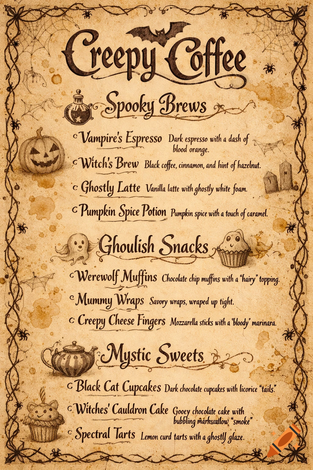 A vintage-style Halloween cafe menu for 'Creepy Coffee', featuring hand-drawn spooky drinks and snacks on aged paper.