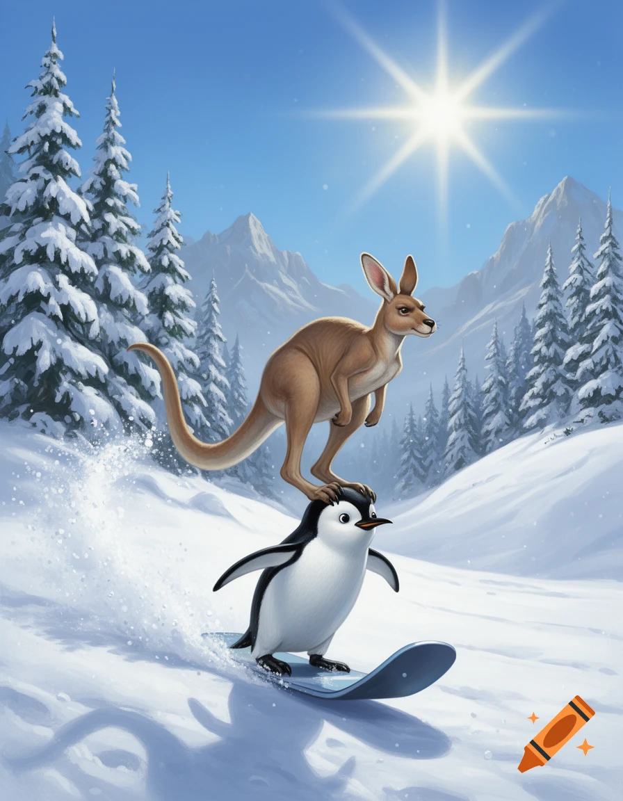 A cartoon kangaroo stands on the head of a penguin snowboarding down a snowy mountain past pine trees under a bright sun.