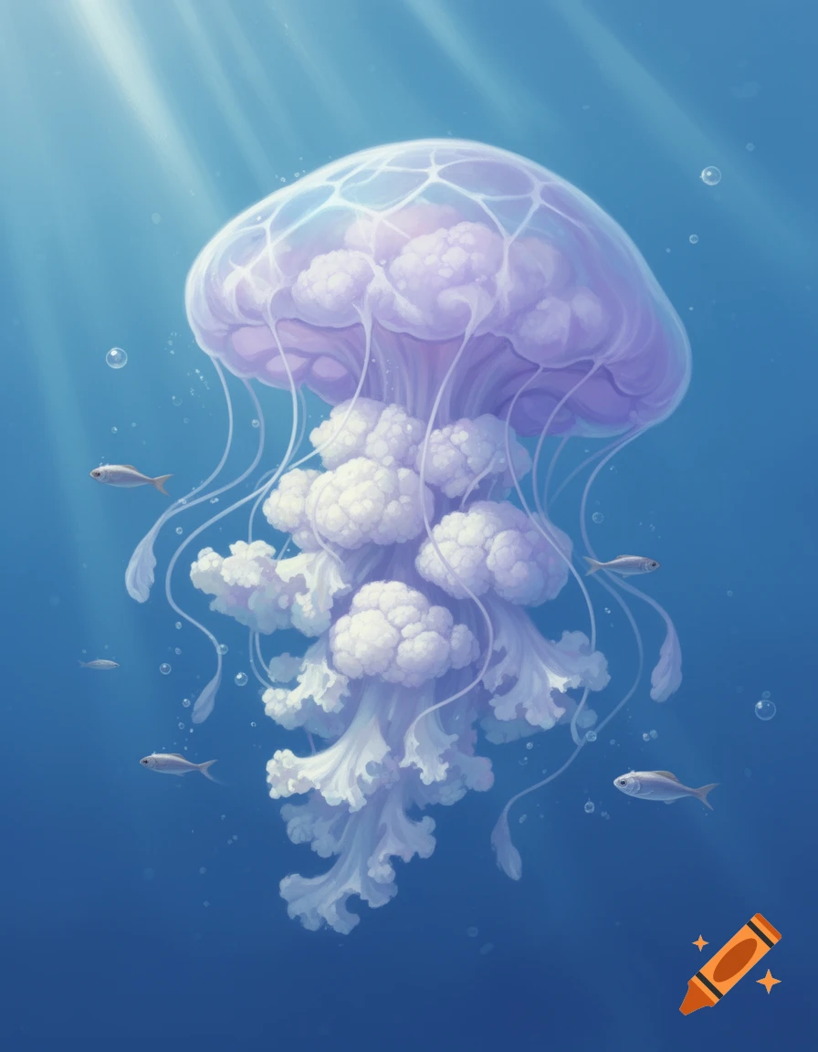 A translucent, purple jellyfish with white, cauliflower-like frills floats underwater with small fish and sunbeams.