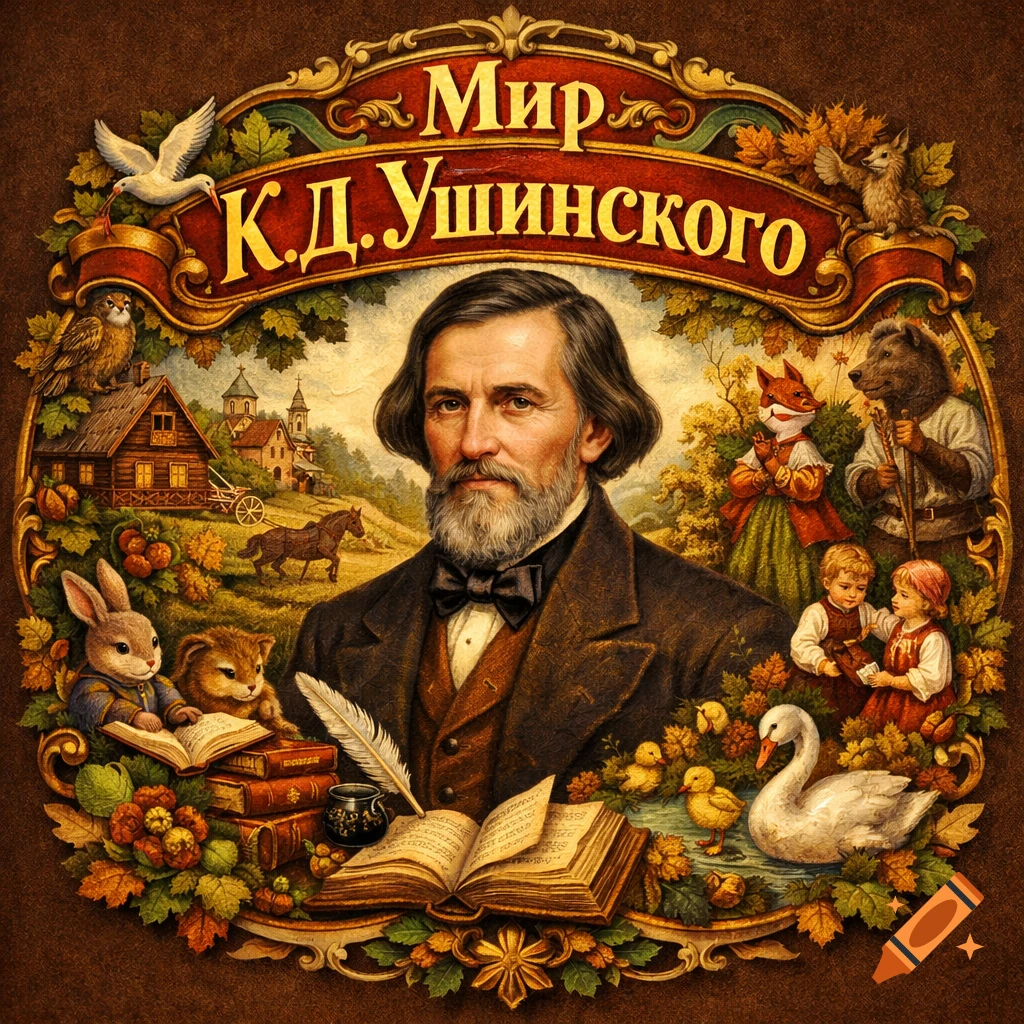 Ornate vintage illustration of K.D. Ushinsky surrounded by animals, children, books, and a rural landscape.