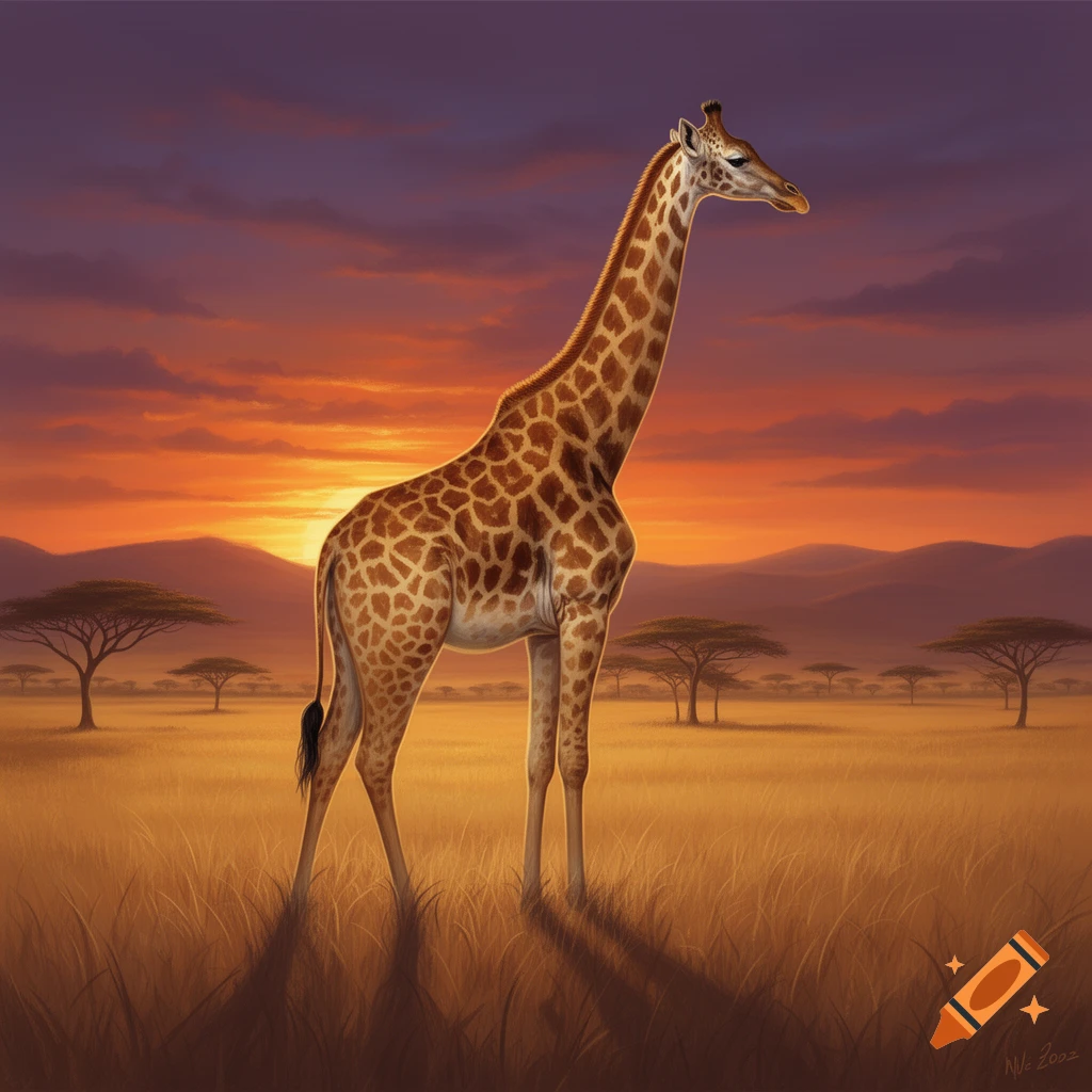 A tall giraffe stands in a savanna field under a vibrant orange and purple sunset sky with acacia trees.