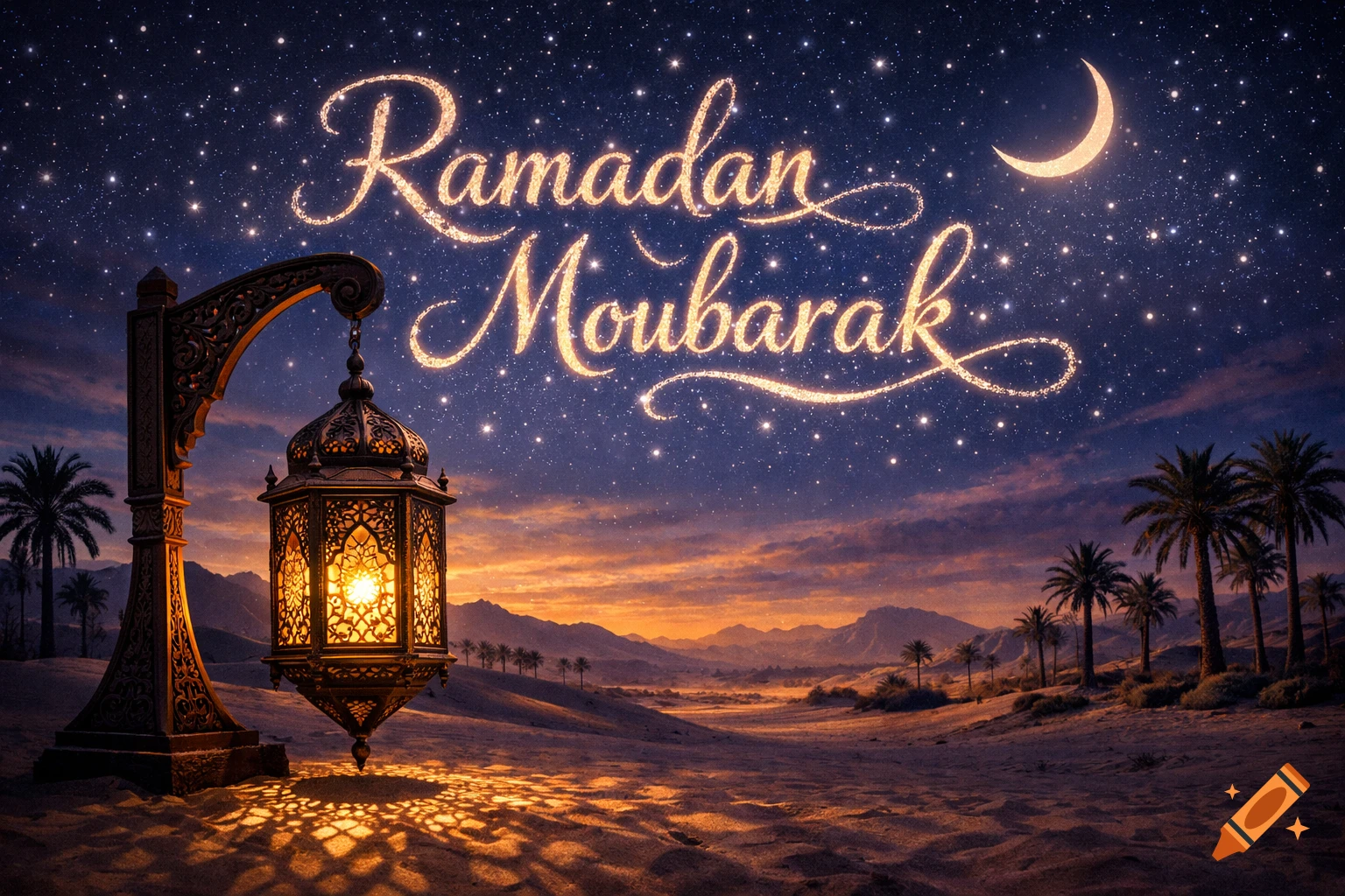 A sparkling 'Ramadan Moubarak' greeting in a starry night sky with a crescent moon over a desert with palm trees and a lit ornate lantern.