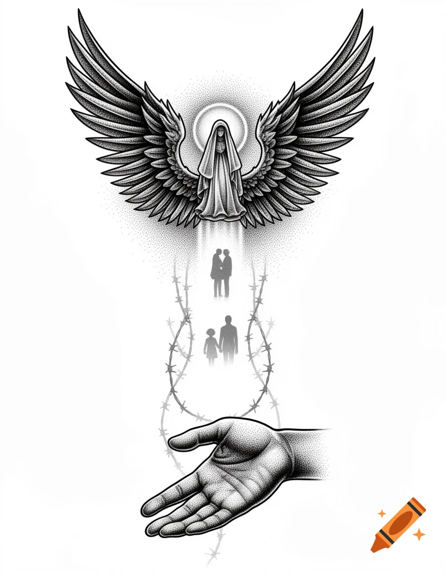 Dotwork illustration of a veiled, winged figure above silhouettes of a couple and a family, with barbed wire, and a reaching hand below. Black and gray, conceptual style.