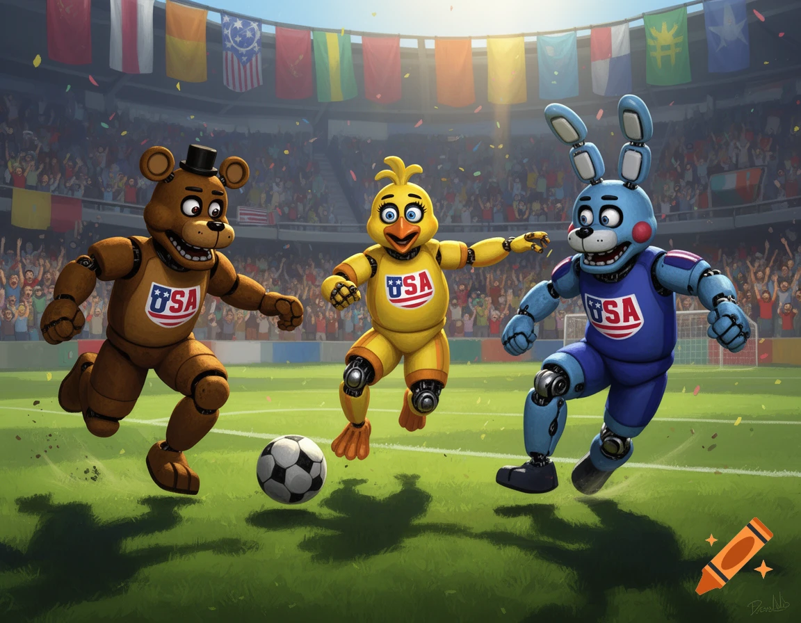 FNAF characters Freddy, Chica, and Bonnie playing soccer in USA jerseys on a grass field in a stadium with a crowd and flags.