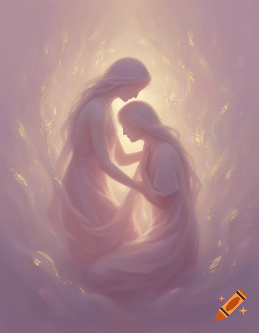 Two ethereal figures with long hair in flowing pink robes embracing, surrounded by soft pink and gold light in an abstract, painterly style.