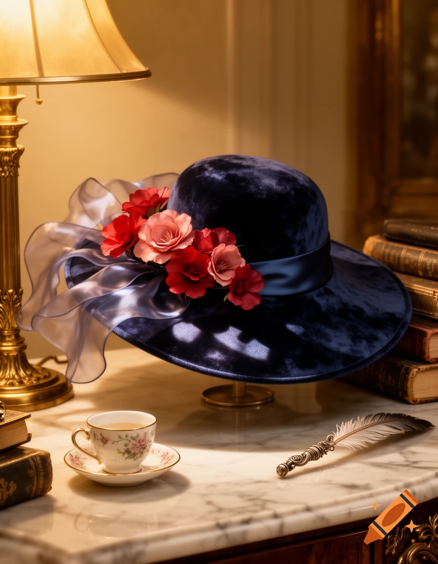 A dark blue velvet hat with red and pink roses on a marble table with a lamp, teacup, quill, and books in a photorealistic style.