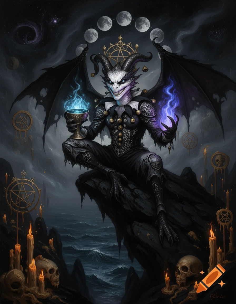 A hyper-detailed oil painting of an Abyssal Trickster Dragon Daemon, a reptilian jester with bat wings and horns, sitting on jagged rocks above an ocean, holding a glowing chalice and arcane flame. Occult symbols, skulls, and candles surround the scene.
