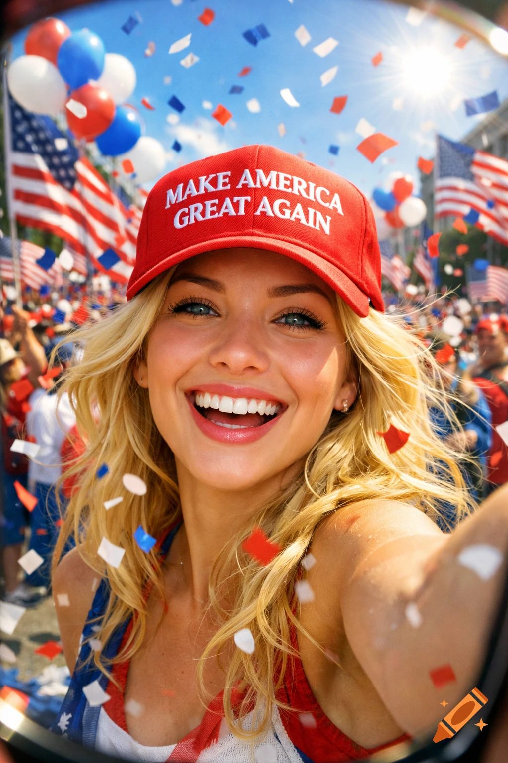 Photorealistic selfie of a smiling blond woman in a red "Make America Great Again" cap at a patriotic parade with flags and confetti.