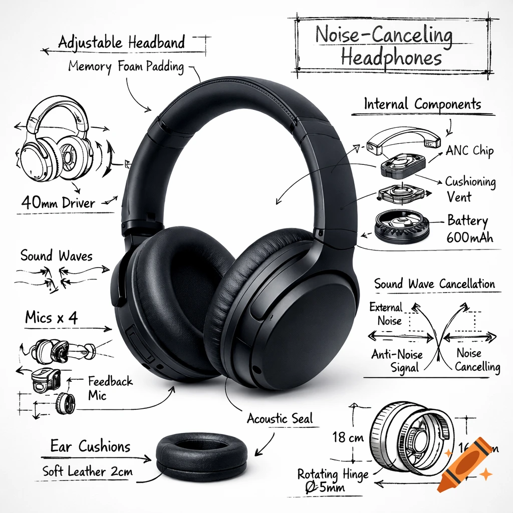 A detailed infographic of noise-canceling headphones, showing a realistic black headphone model with hand-drawn technical annotations, labels, and diagrams on a white background.