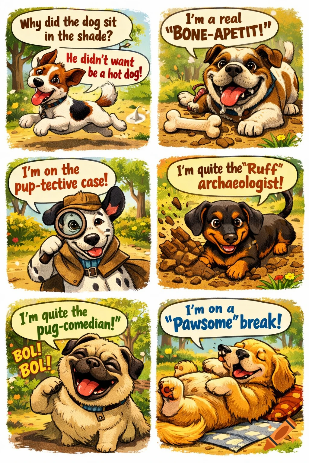 A six-panel comic strip featuring various cartoon dogs telling puns and jokes, illustrated in a cheerful, colorful style.