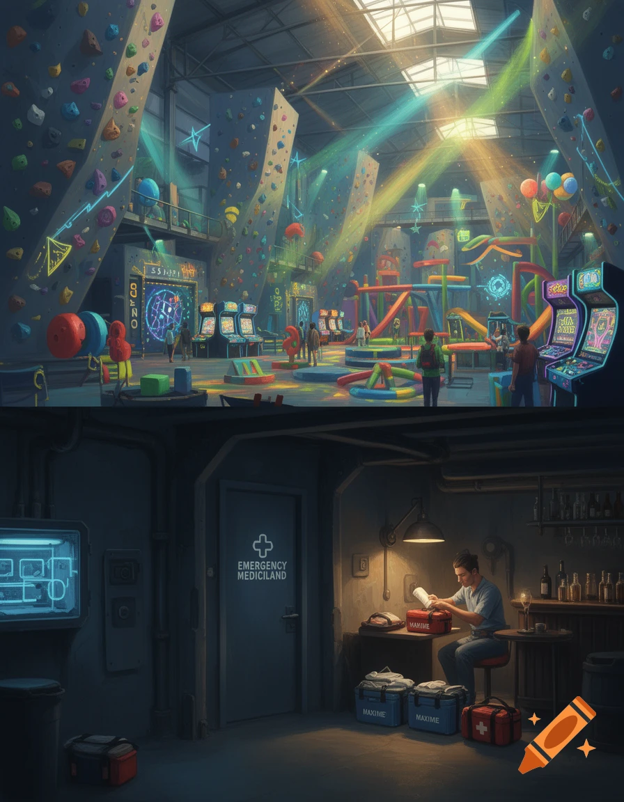 A diptych showing a vibrant indoor entertainment center with climbing walls and arcade games, and a darker secret room where a man prepares first aid items near a hidden bar.