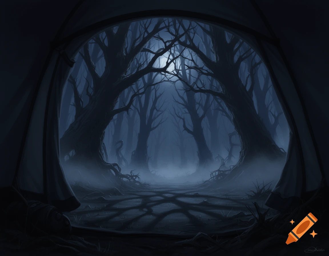 An eerie, dark forest with gnarled, bare trees and mist, viewed from ...