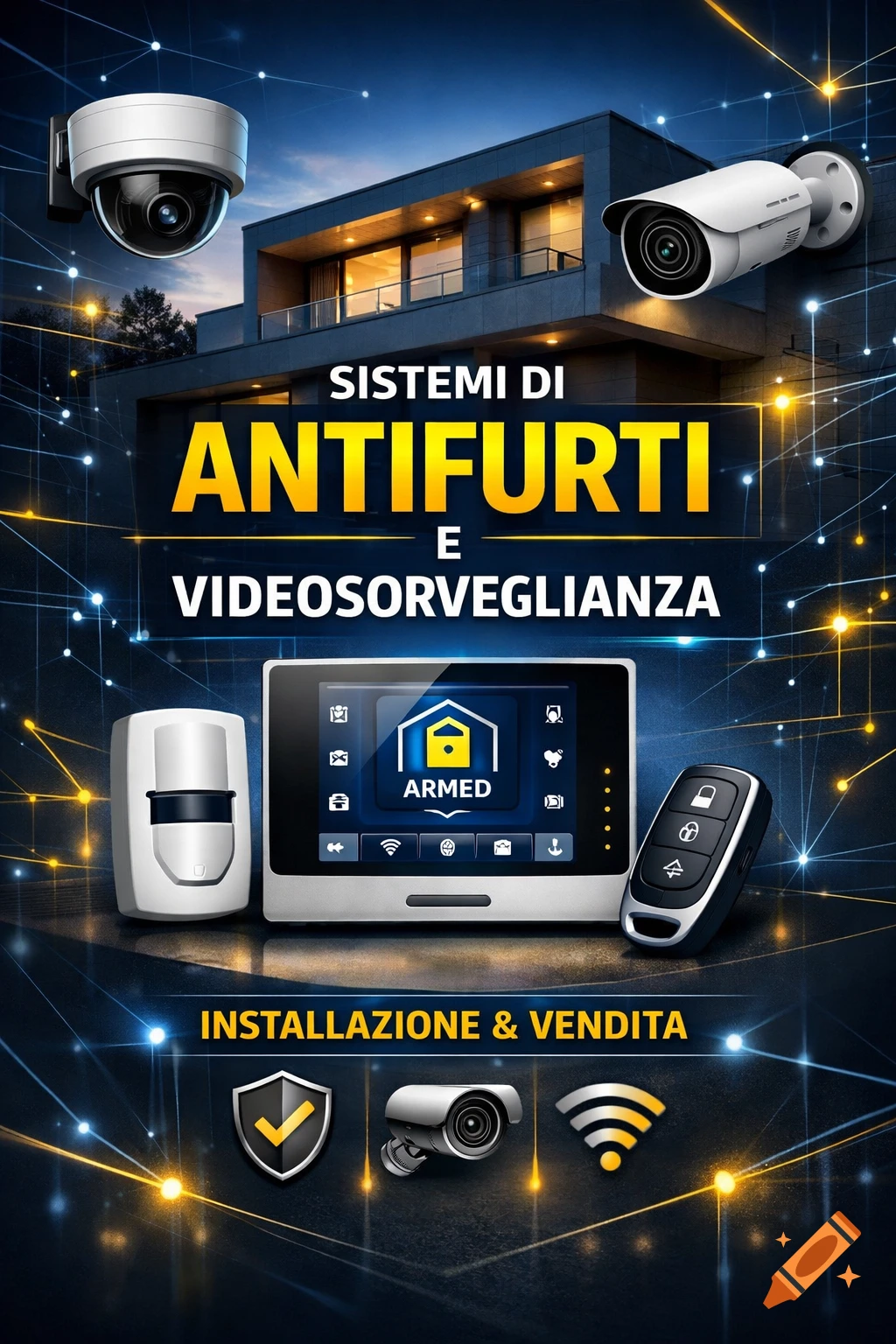 A professional digital advertisement for home security systems featuring surveillance cameras, an alarm panel, and a modern house at night.