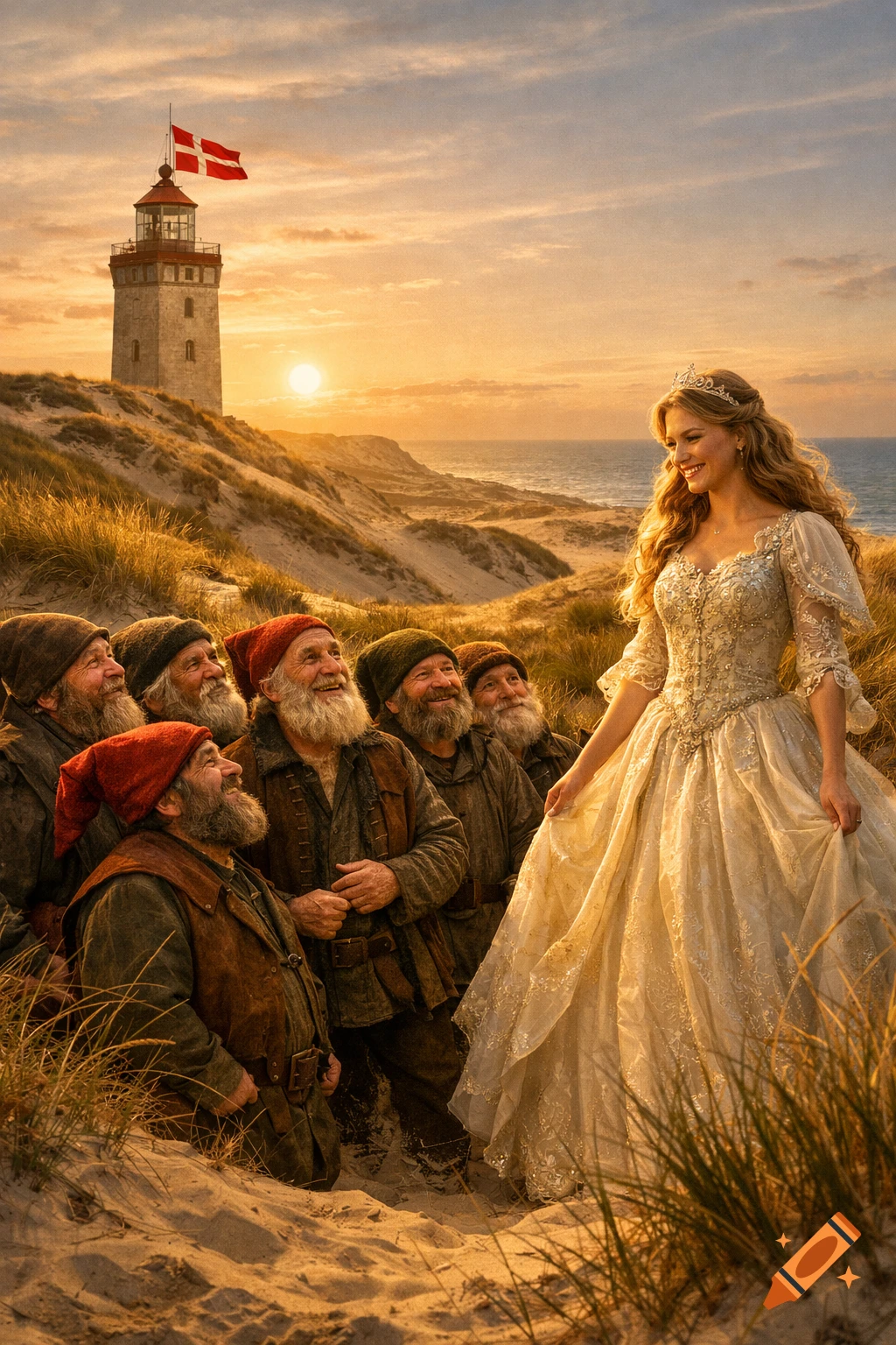 A smiling princess in an elegant dress stands among seven happy dwarves on a sandy dune by the ocean, with a lighthouse and Danish flag at sunset, in a cinematic style.