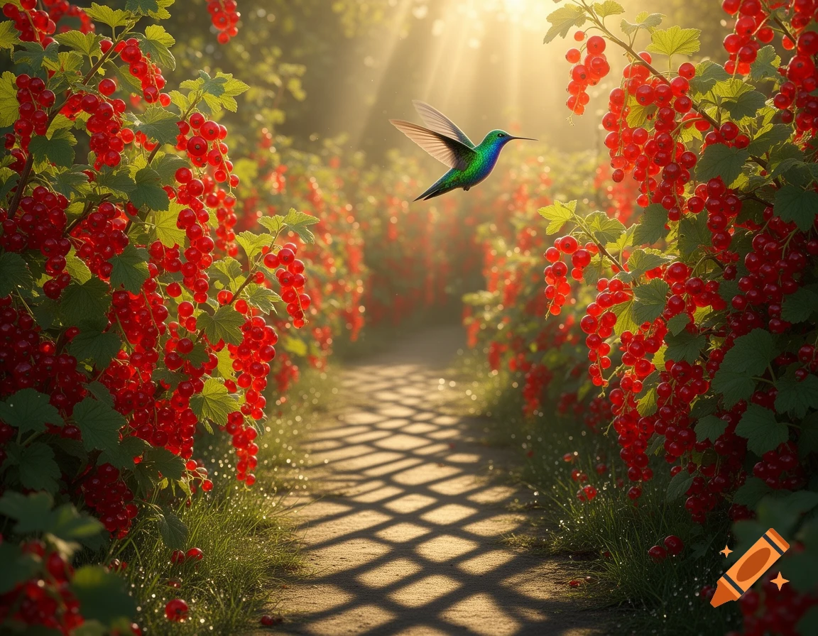 A vibrant green and blue hummingbird hovers over a path lined with bushes of bright red currants, bathed in sunlight.