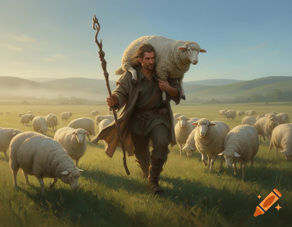 Thief Riding Sheep A rugged man carries a sheep over his shoulders, holding a staff ...