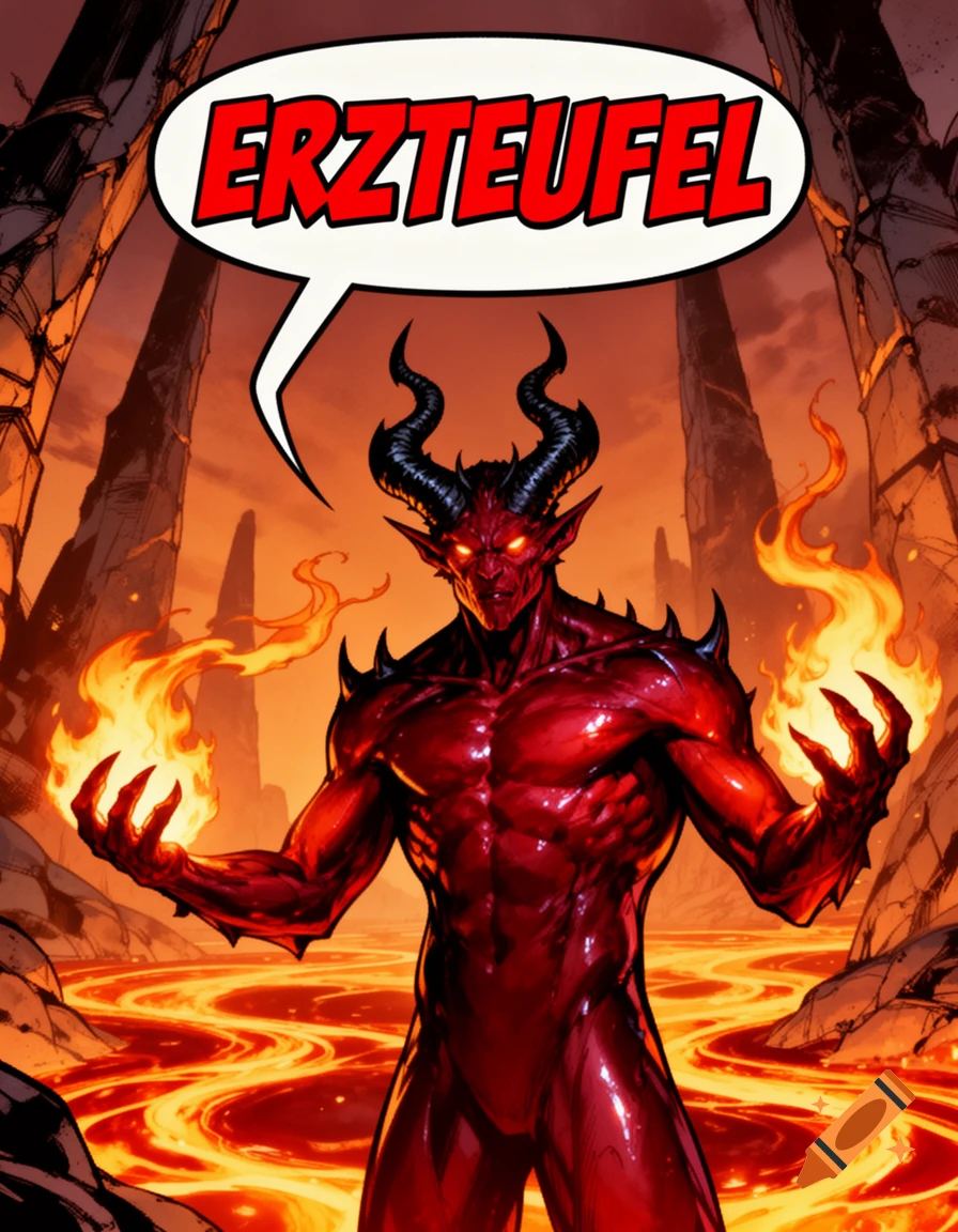 A muscular, red, horned devil in a comic art style holds fire in its hands, standing in a volcanic landscape with a speech bubble saying 'ERZTEUFEL'.