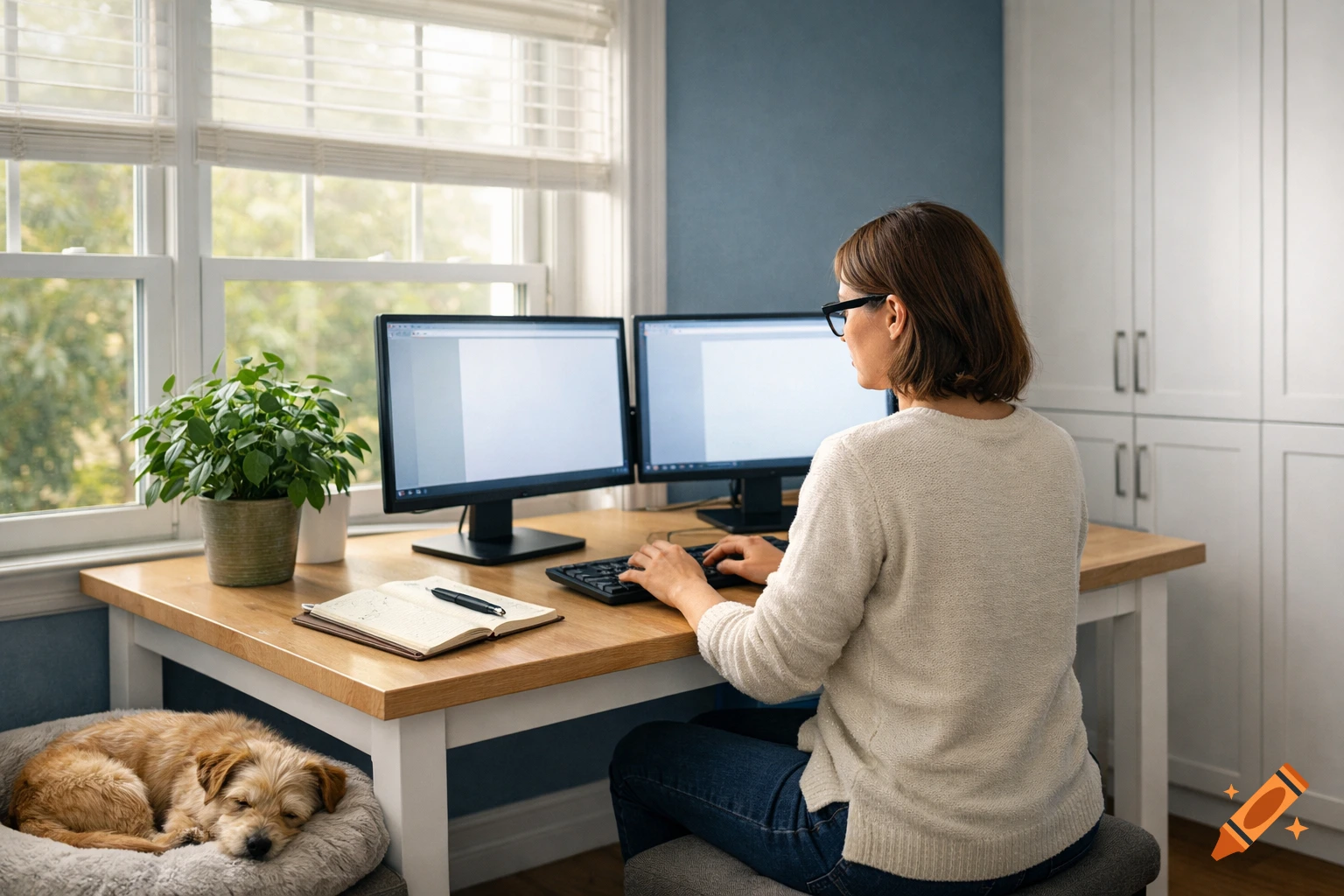 A woman with short brown hair and glasses works on two computer monitors at a light wood desk. A brown dog sleeps in a bed beside the desk, and a plant is on the desk. Photorealistic style.