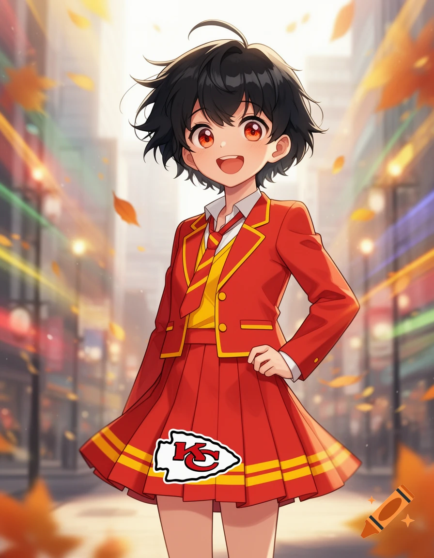 Anime girl in a red and yellow school uniform with a Kansas City Chiefs logo, smiling on an autumn city street.
