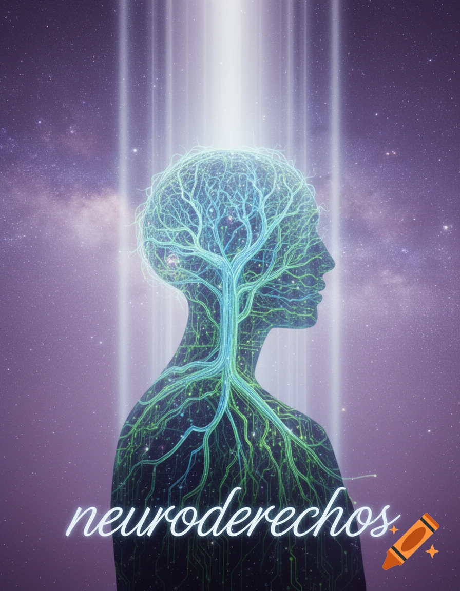 Conceptual image of a human silhouette with a glowing tree-like brain against a starry purple sky, with 'neuroderechos' text.
